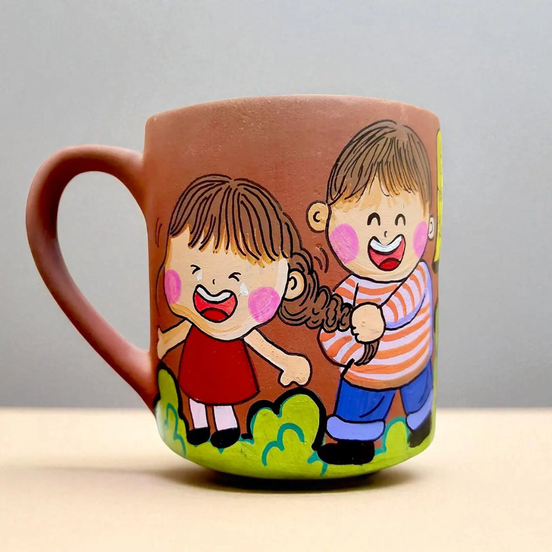 Hand-Painted Siblings Caricature Illustration Terracotta Mug
