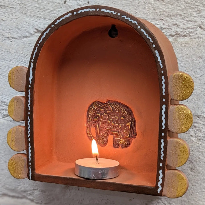 Hand-Painted Rustic Elephant Motif Terracotta Tealight Holder