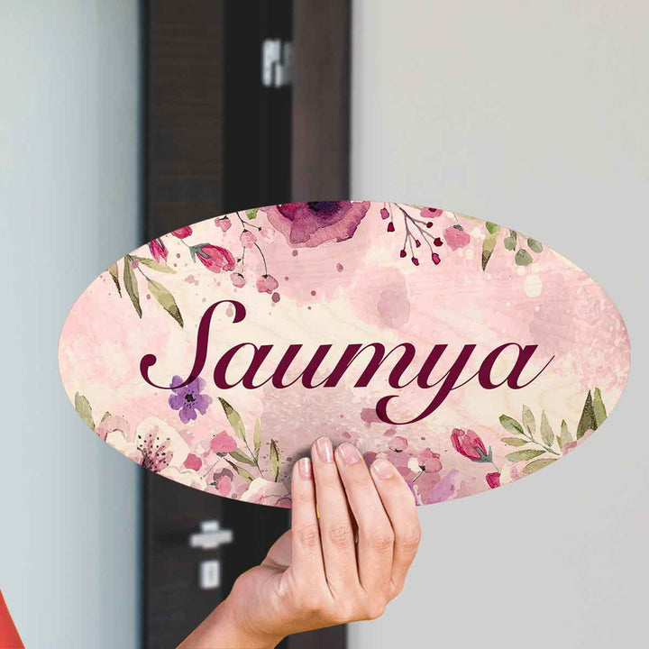 Printed Spring Floral Wooden Oval Nameplate For Family