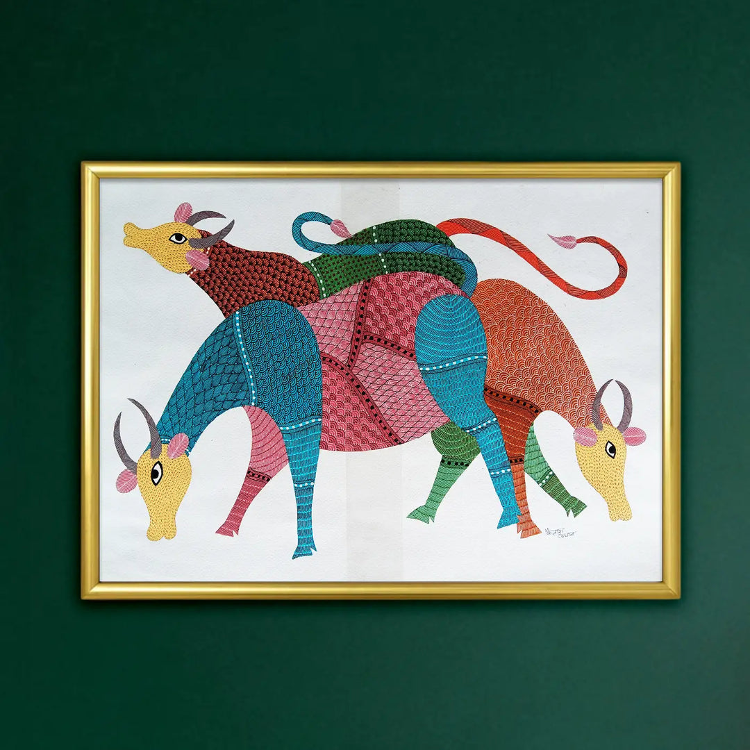 15 x 22 Inch | Group of Cows | Original Hand Painted Tribal Gond Art Painting | Acrylic Paints On Paper