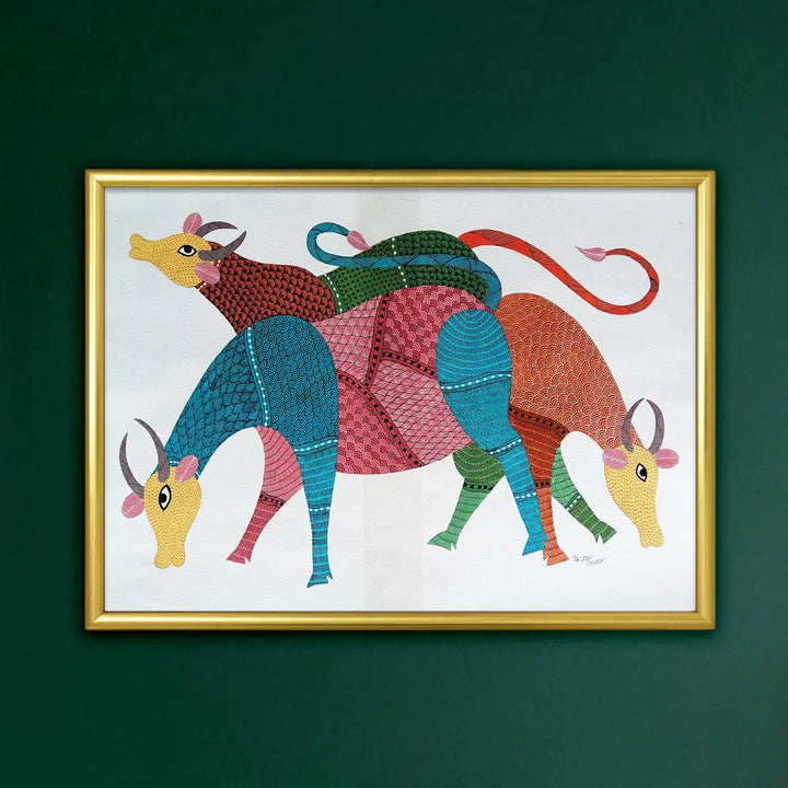 15 x 22 Inch | Group of Cows | Original Hand Painted Tribal Gond Art Painting | Acrylic Paints On Paper