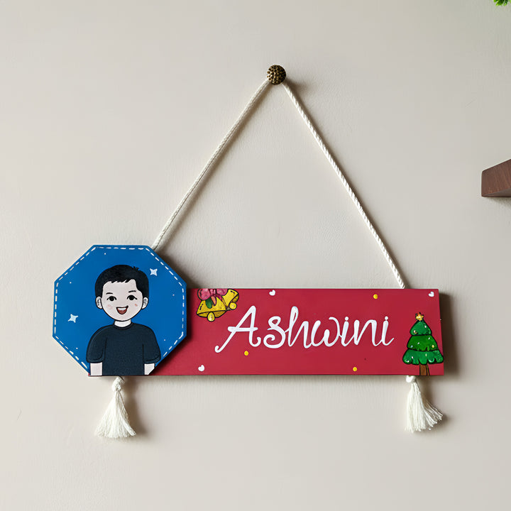Photo Personalized Hand-Painted Christmas Theme MDF Wood Name Plate