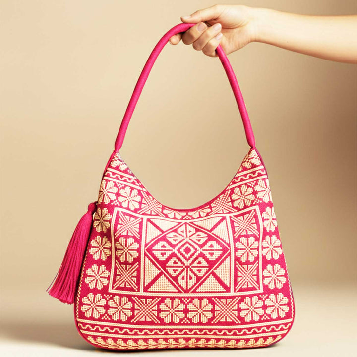 Fuchsia Rose Cross-Stitch Embroidered Hobo Shoulder Bag
