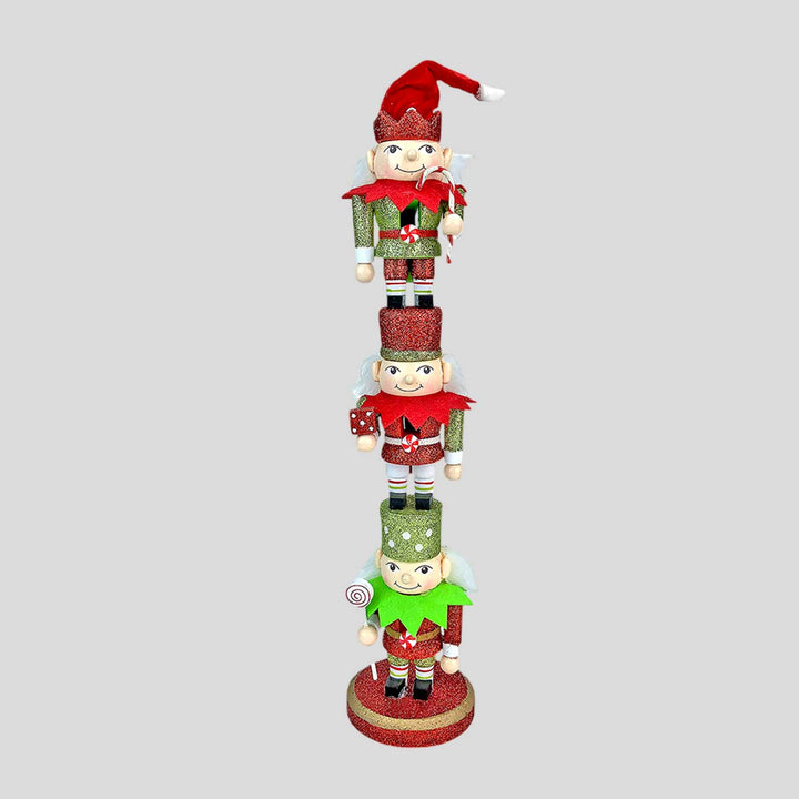 Three Tier Stacked Elves Wooden Decor For Christmas Table Decoration