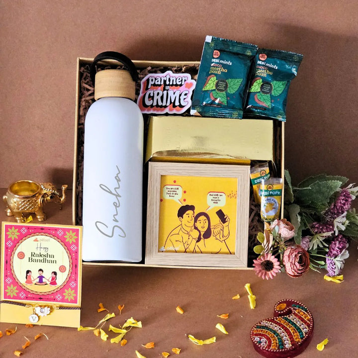 Personalized Bachpan Ki Yaadien Rakhi Hamper | Includes 1 Bottle, 1 Photo Frame, 1 Fridge Magnet, 2 Paan Mints, 1 Dry Fruit Box & 2 Desi Pops