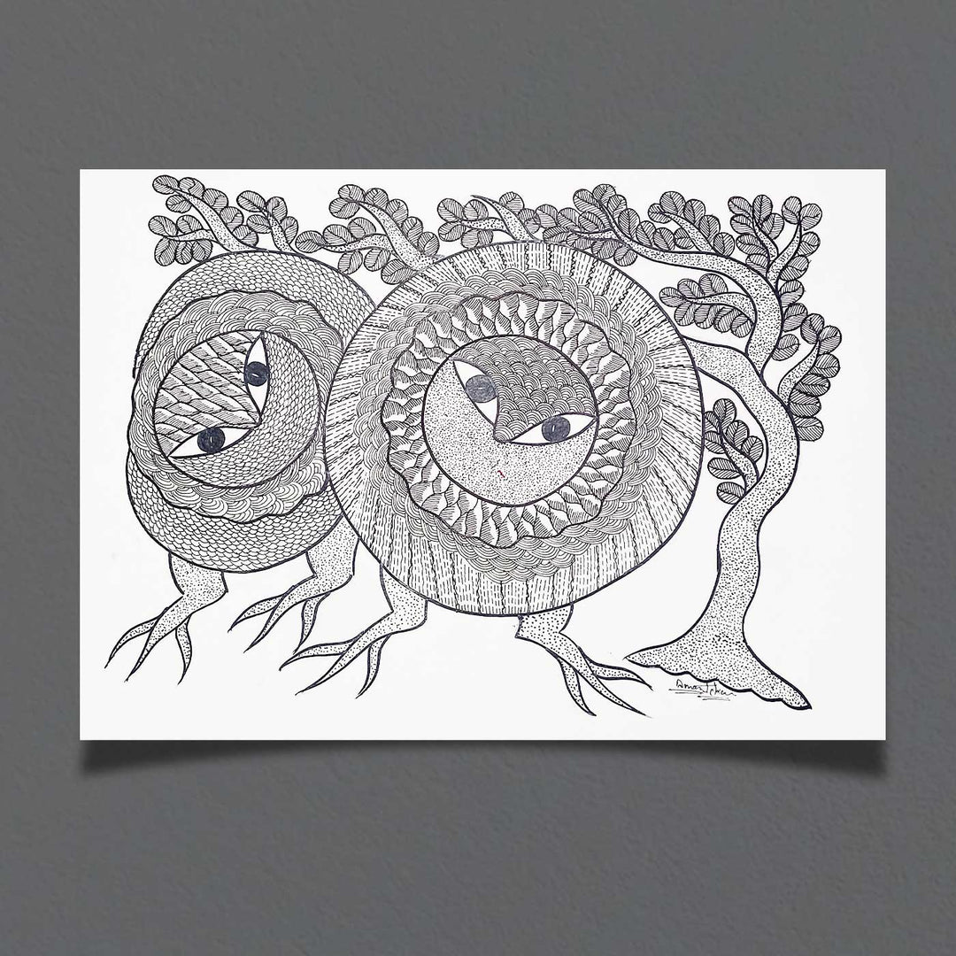 11 x 15 Inch | Whispers Among Trees | Original Hand Painted Tribal Gond Art Painting | Acrylic Paint On Paper