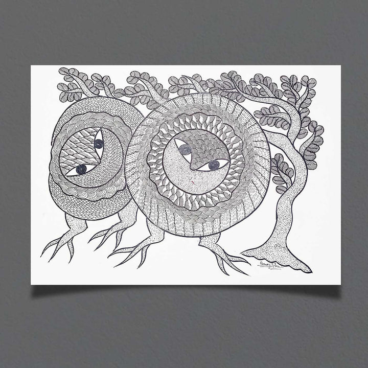 11 x 15 Inch | Whispers Among Trees | Original Hand Painted Tribal Gond Art Painting | Acrylic Paint On Paper