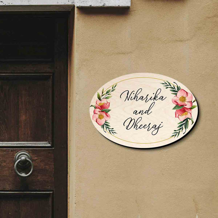 Printed Floral Wooden Oval Nameplate For Couples