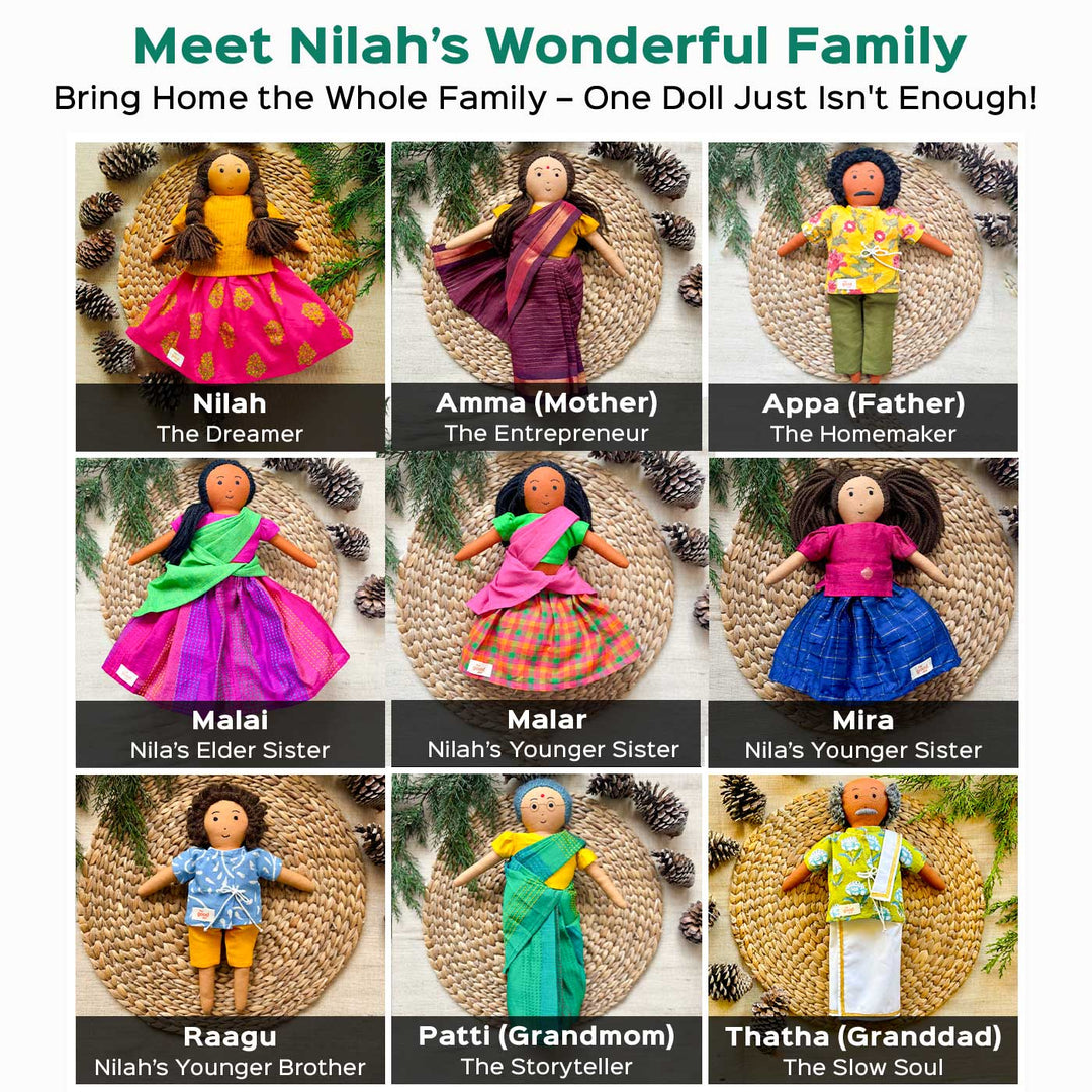 Nilah's (Younger Sister) Mira In Classic Dress | Soft Hand-Stitched Sustainable Indian Play Doll