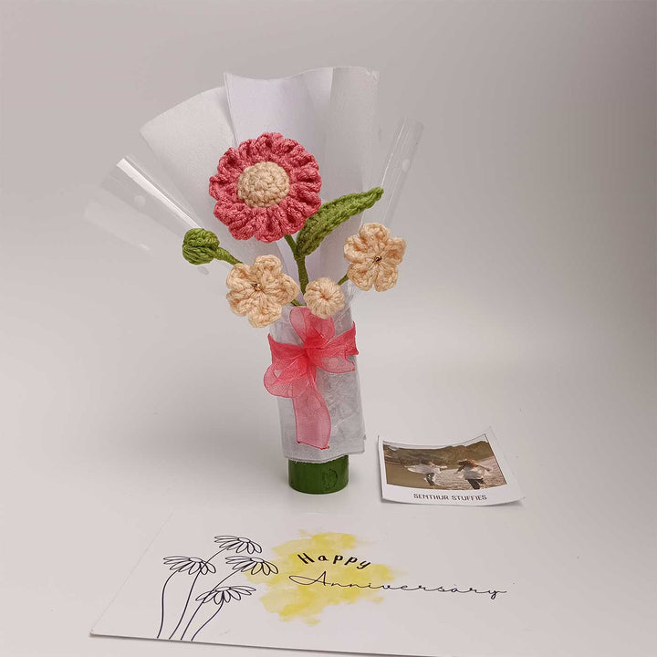 Handmade Crochet Pink & Cream Mini Flower Bouquet | Includes Photo & Greeting Card