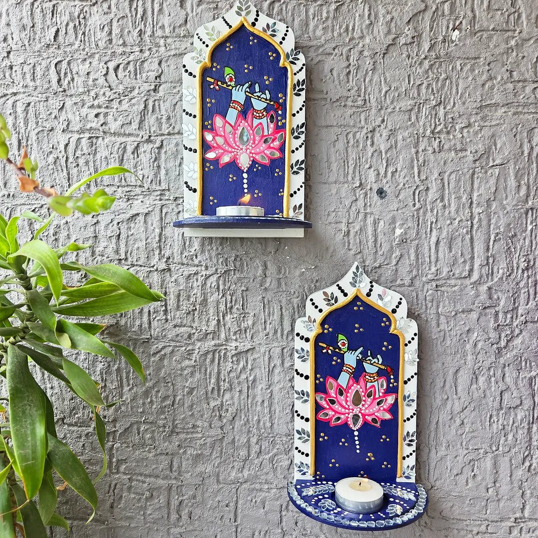 Hand-Painted Mirror Work Murli Manohar Jharokha Tealight Holder | Set Of 2