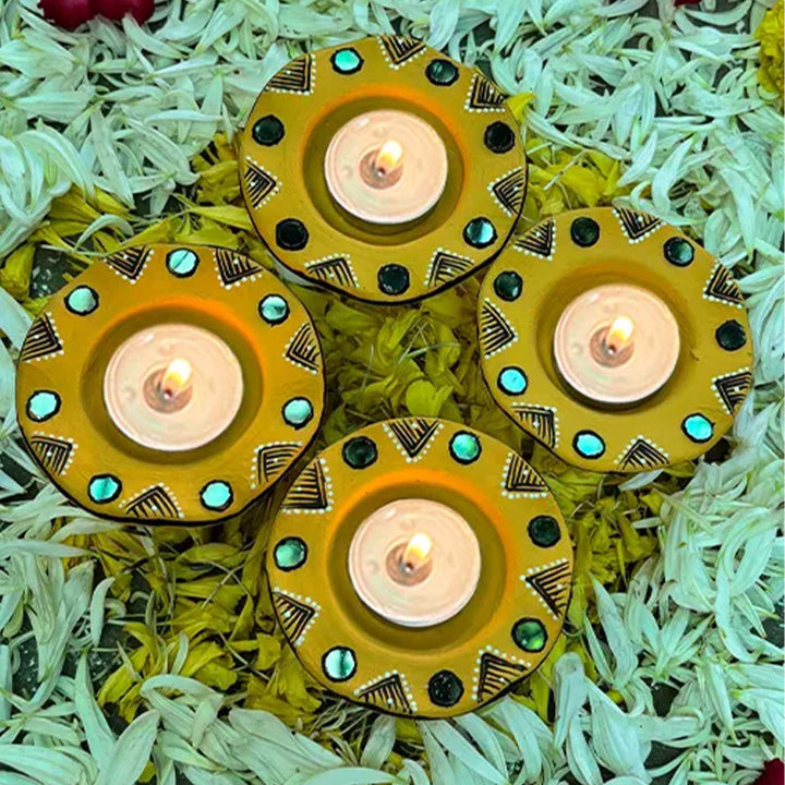 Set of 6 | Sunny Yellow Hand-Painted Flower-Shaped Terracotta Diya Tealight Holders For Festive Decor