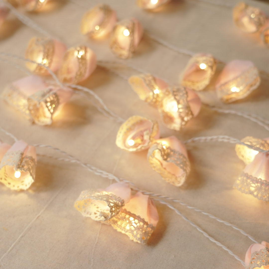 9.15m, 50 Bulbs | Handmade Pink Laced Fabric LED Fairy Light