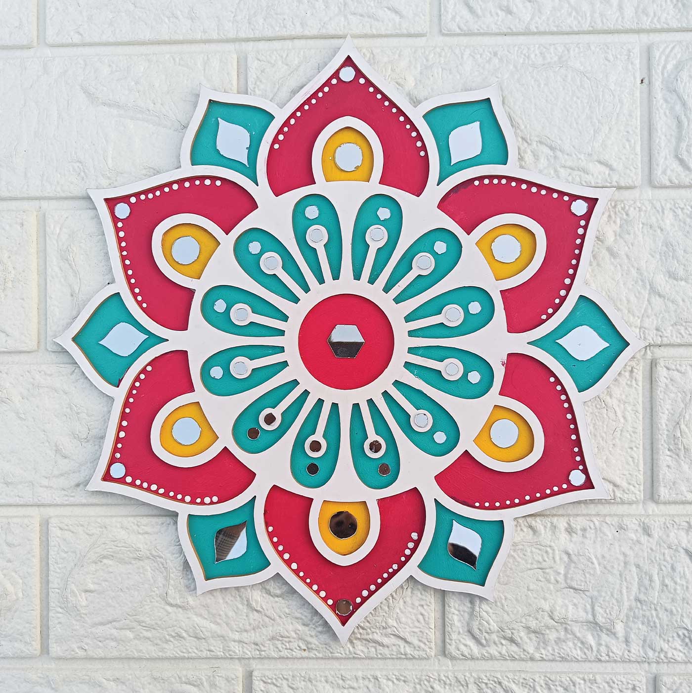 Buy Handmade Blue & Red Mirror Work Floral MDF Rangoli Online On Zwende