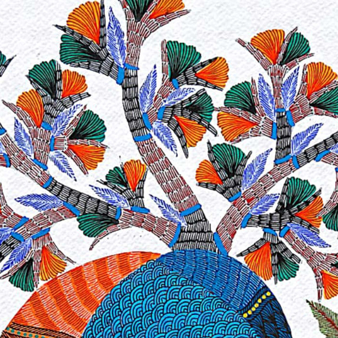 11 x 15 Inch | Tree & Deer | Original Hand painted Tribal Gond Art Painting | Acrylic Paints On Paper