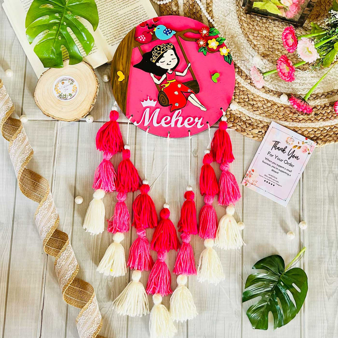 Personalized Hand Painted Charming Girl On A Swing Mdf Wood Kids Name Plate - Flat Lay with Name Personalization