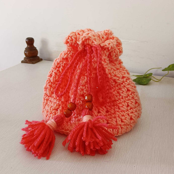 Handmade Crochet Orange Drawstring Pouch