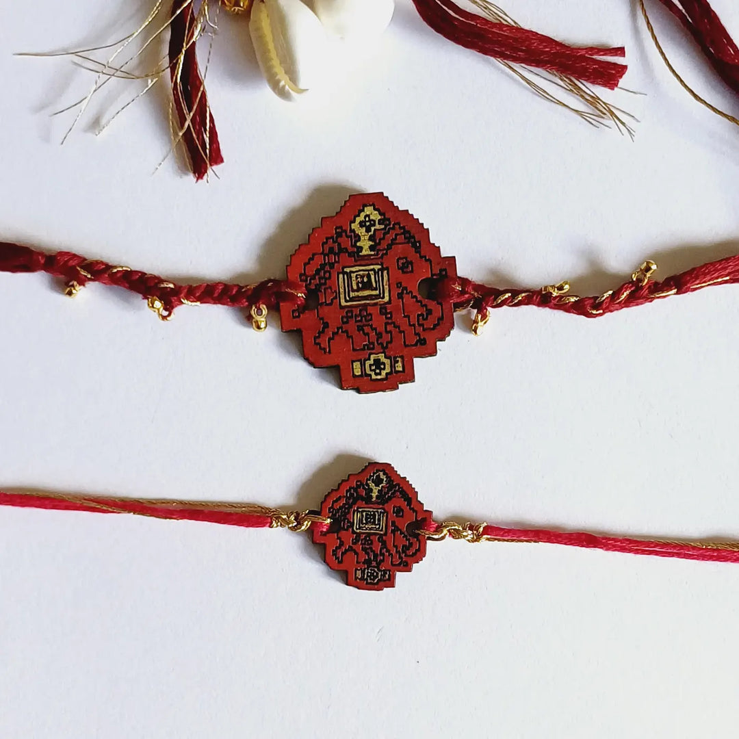 Handmade Reusable Red Elephant Ghungroo & Shell Wooden Bhaiya Bhabhi Rakhi With Roli Chawal