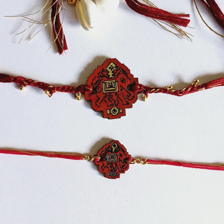 Handmade Reusable Red Elephant Ghungroo & Shell Wooden Bhaiya Bhabhi Rakhi With Roli Chawal