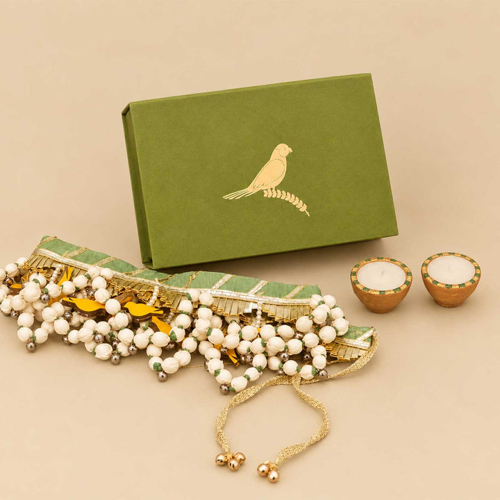 Handcrafted Green Chidiya Diwali Toran And Diya Mini Gift Hamper For Festive Gifting