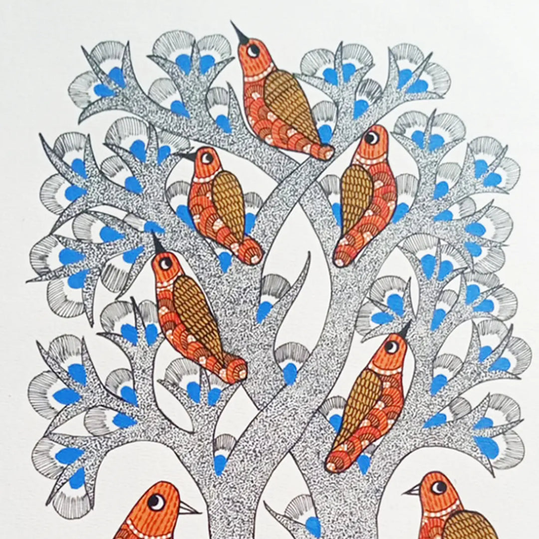 11 x 16 Inch | Birds On Tree | Original Hand Painted Tribal Gond Art Painting | Acrylic Paint On Paper