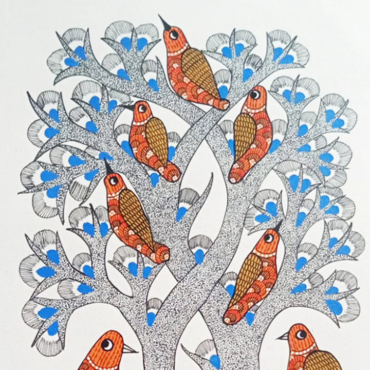 11 x 16 Inch | Birds On Tree | Original Hand Painted Tribal Gond Art Painting | Acrylic Paint On Paper