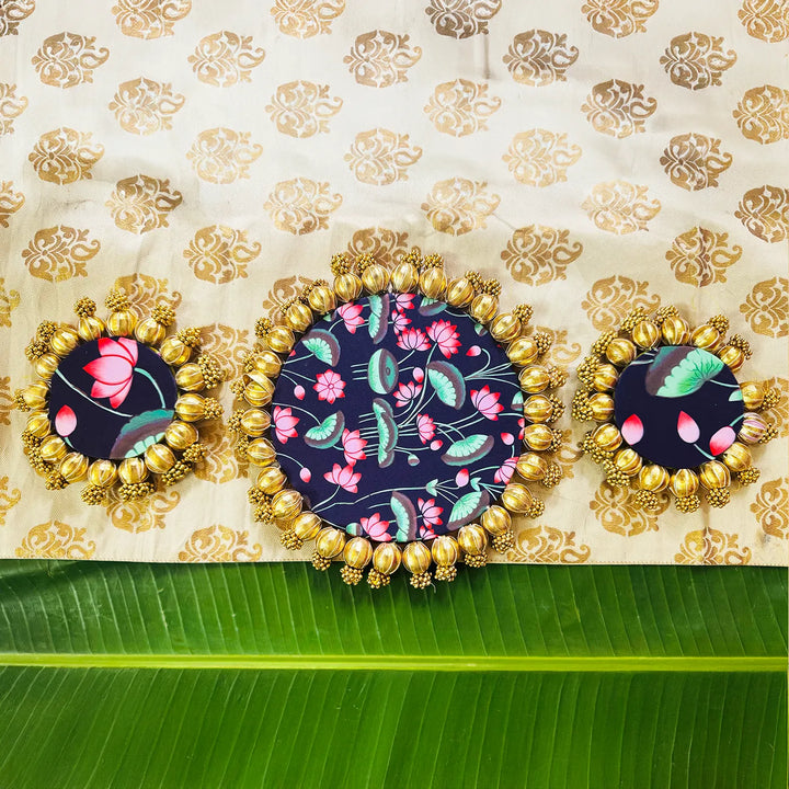 Handmade Gota Patti Round Lotus Pond Theme Rangoli Mat | Set Of 3