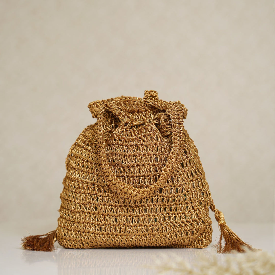 Handmade Crochet Floral Golden Potli