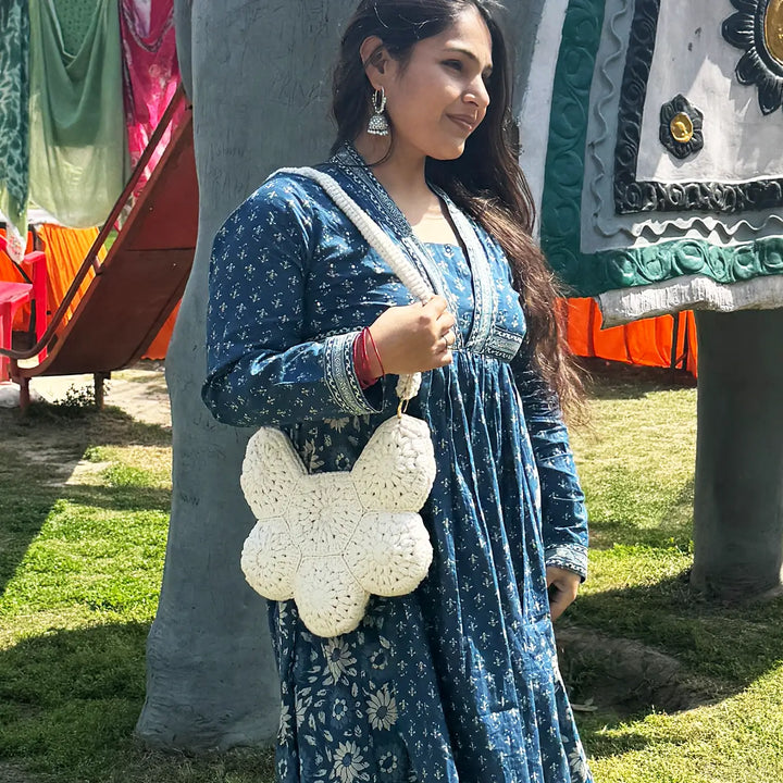 Handmade Crochet Pearl Shape Hexagon Cotton Tote Bag