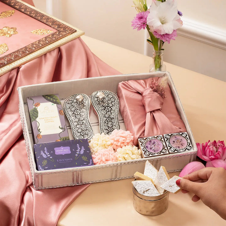 Serene Festive Soirees Diwali Gift Hamper | Includes 1 Lakshmi Charan, 1 Kaju Katli, 1 Lavender Incense Cone, 4 Crocheted Flowers, 1 Smoor Rice Crisps, 2 Crystal Tealights, 1 Gift Box