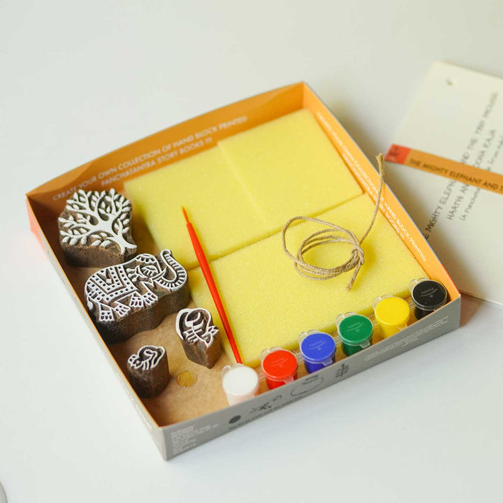 The Mighty Elephant And The Tiny Mouse Panchatantra Block Printing DIY Kit | 5 Stamps, Poster Colours, Painting Brush, Printing Pads, Story Cards  And Jute String