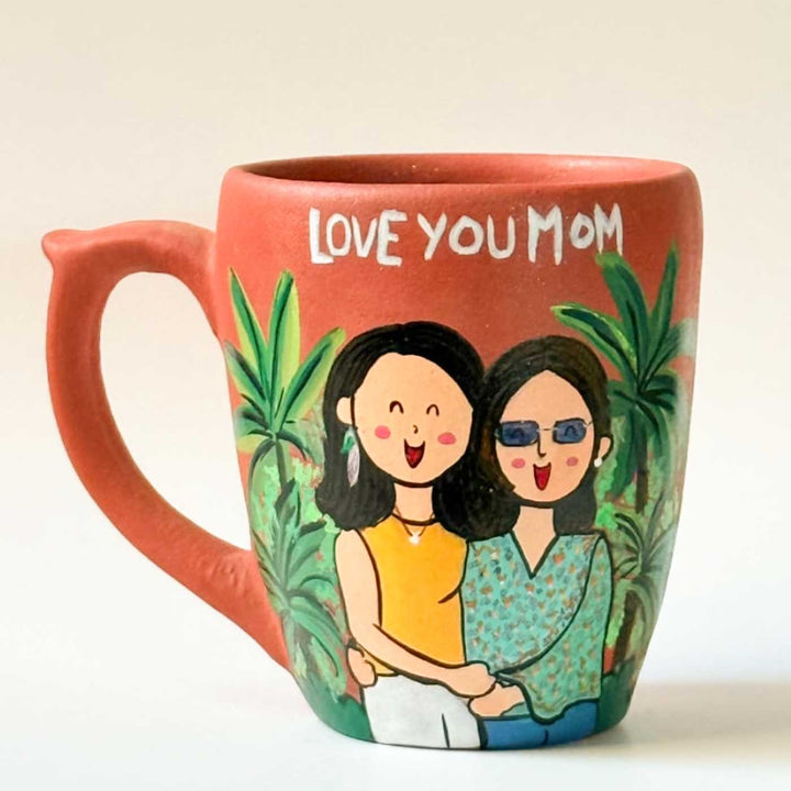 Love You Mom | Handpainted Personalised 3D Terracotta Mug With Caricatures And Background