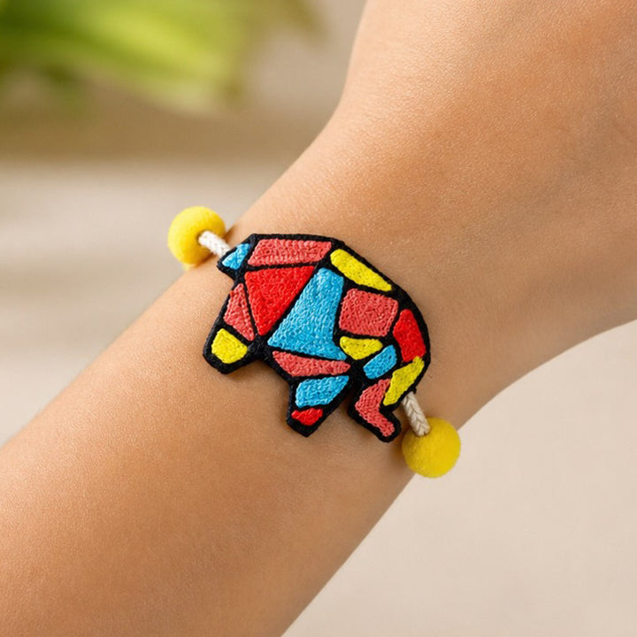 Handmade Reusable Elephant Theme Pom - Pom Felt Rakhi For Brother
