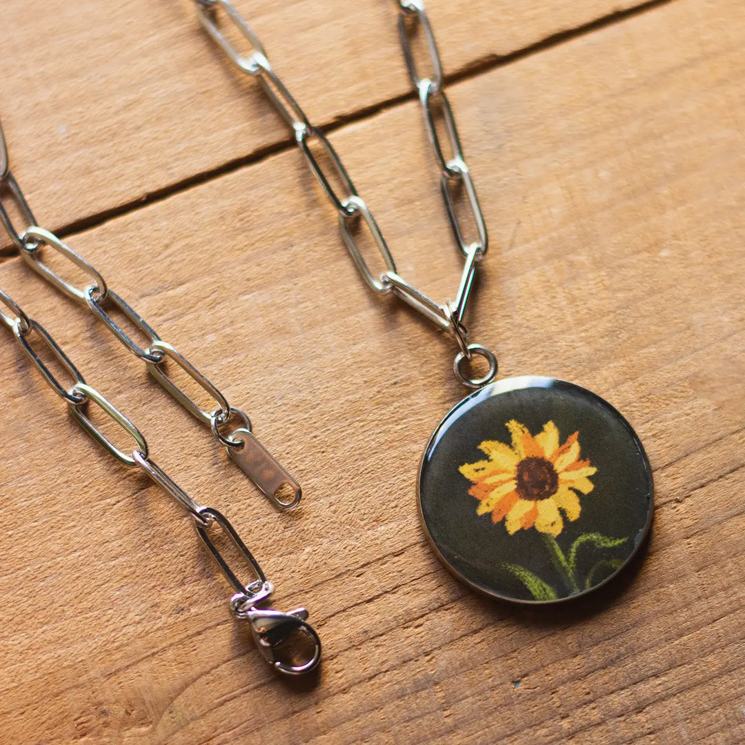 Illustrated Sunflower Design Resin & Stainless Steel Necklace