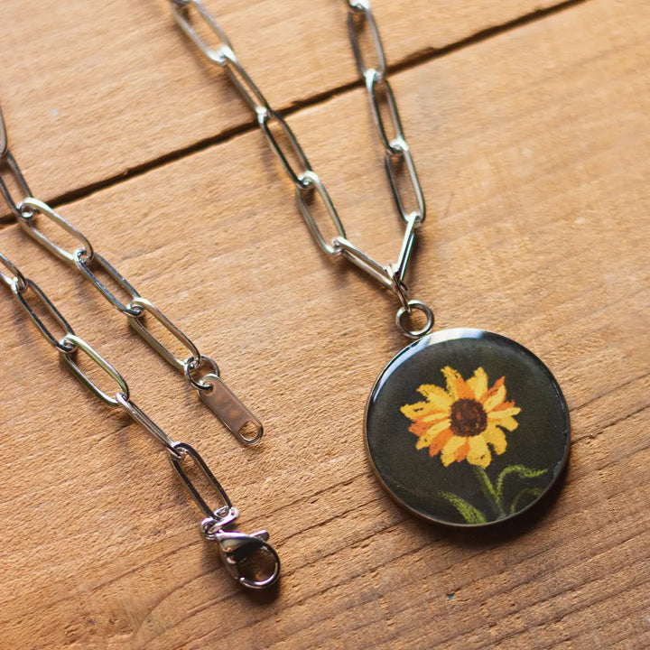 Illustrated Sunflower Design Resin & Stainless Steel Necklace