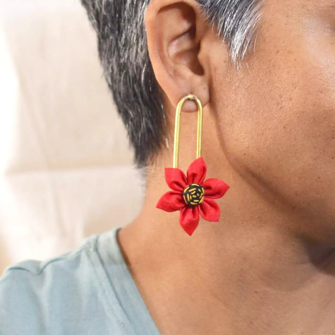 Handmade Textile Art Hanging Flower Design Dupion Silk Fabric Earrings