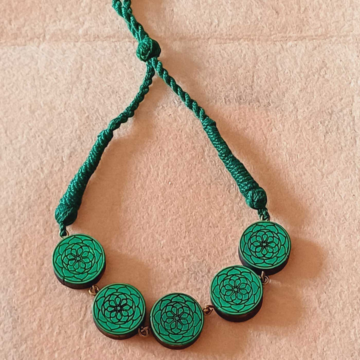 Handmade Green Round Flower Wooden Necklace