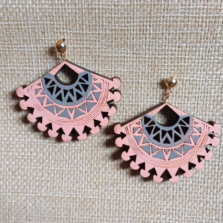 Handmade Pink Triangle Pattern Wooden Earrings