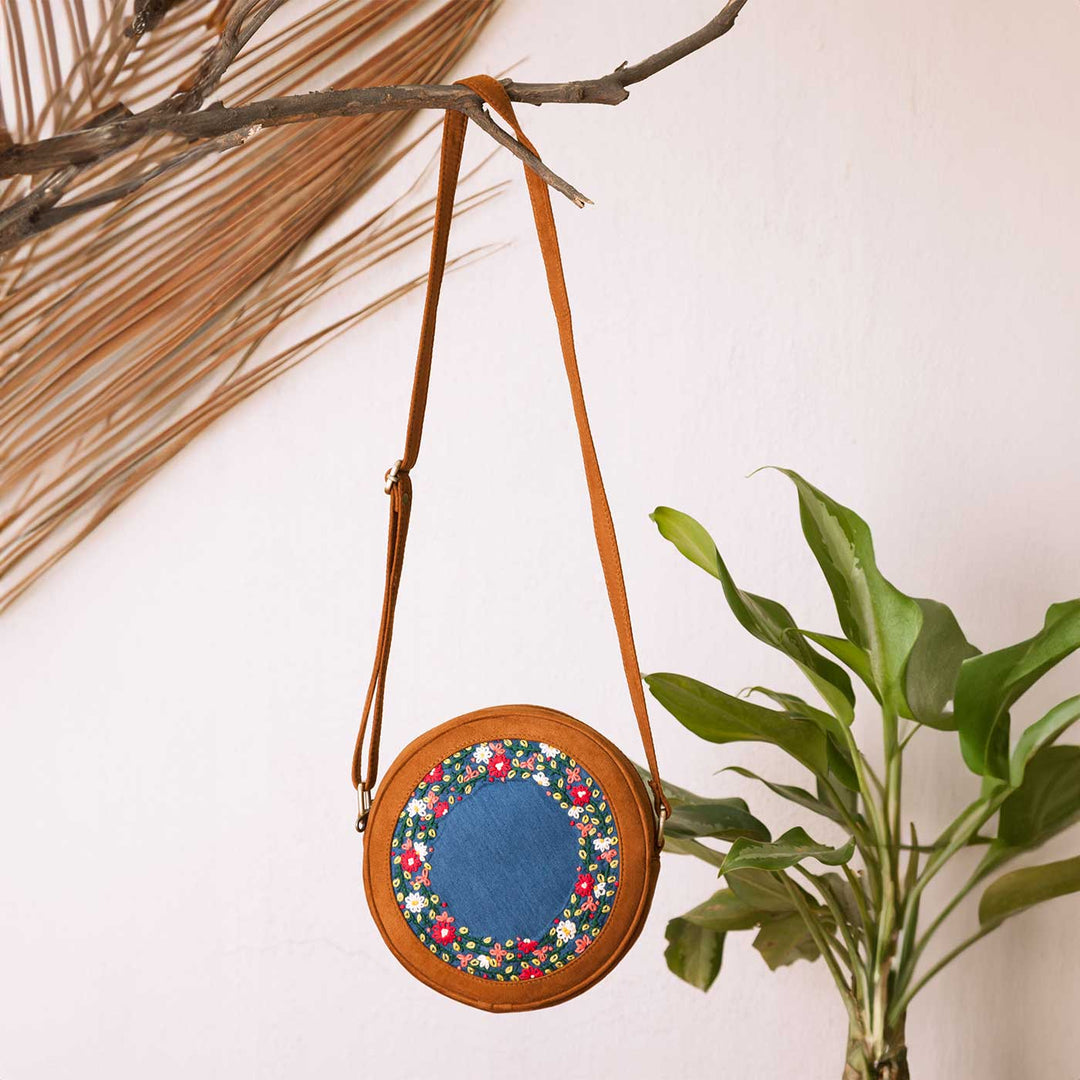 Personalized Embroidered Tan Brown Denim Floral Round Sling Bag