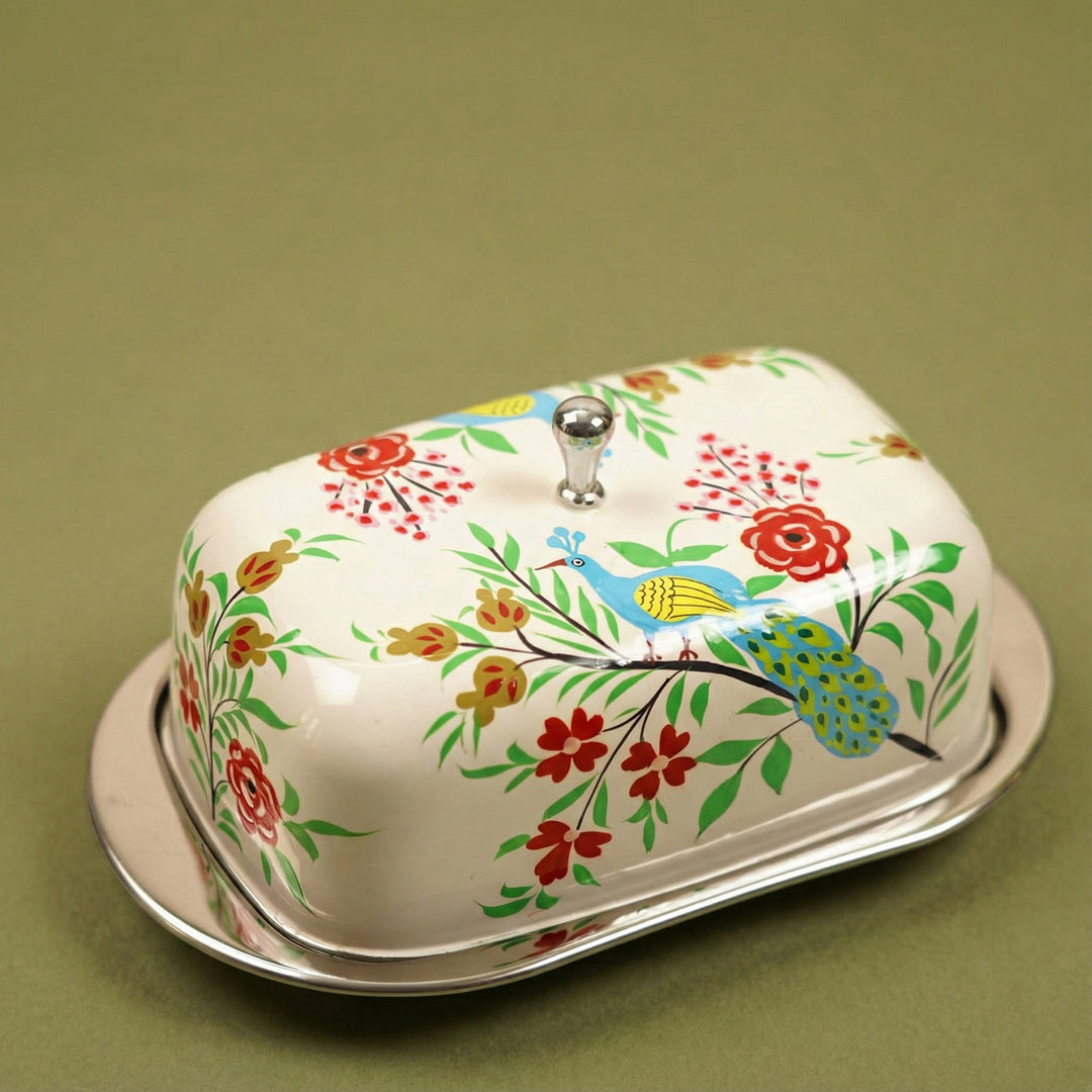 Hand-Painted Off White Peacock Kashmiri Art Stainless Steel Butter Dish