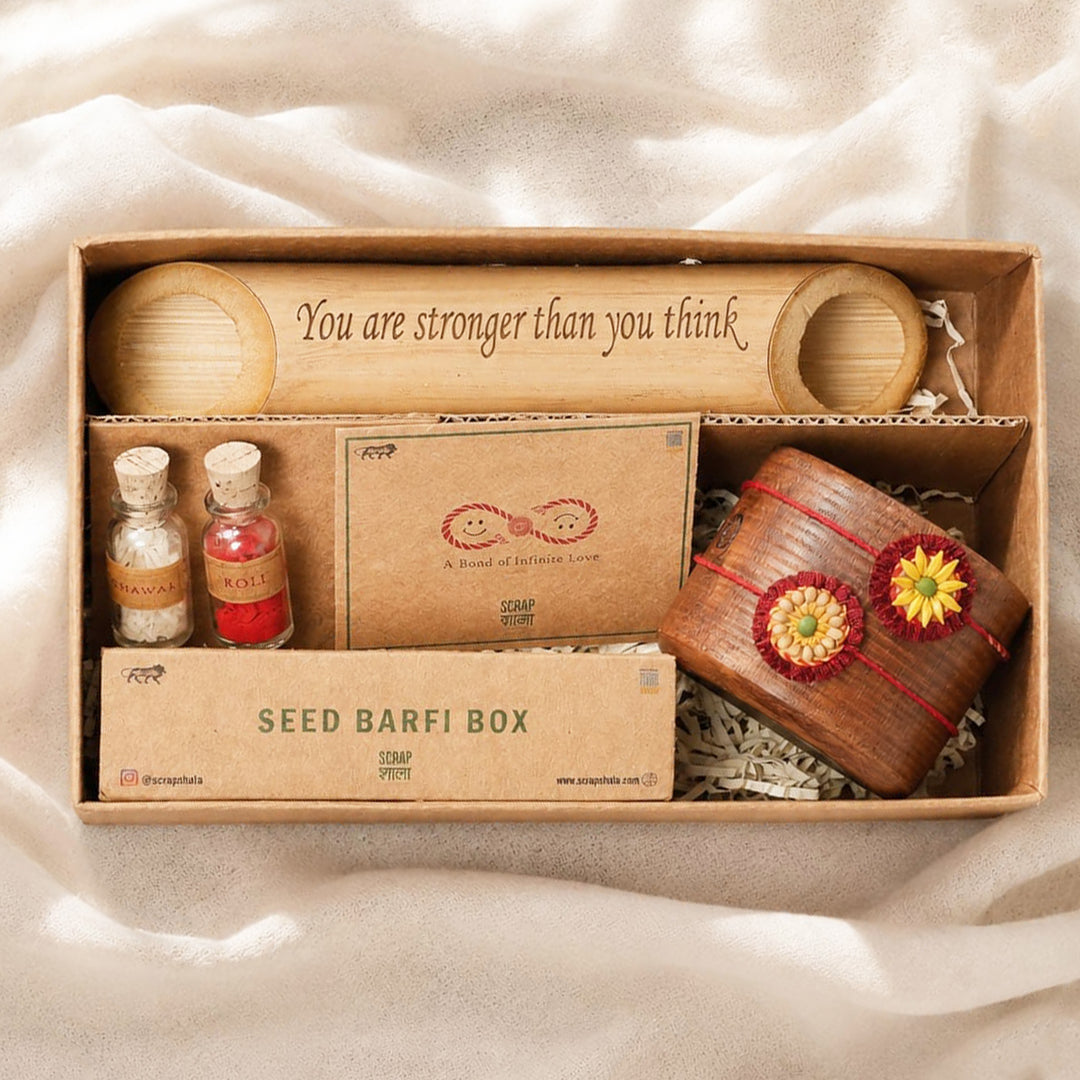 Plantable Akkad-Bakkad Seed Rakhi Gift Hamper With Wooden Planter & Bamboo Sound Amplifier For Brother | Set of 2