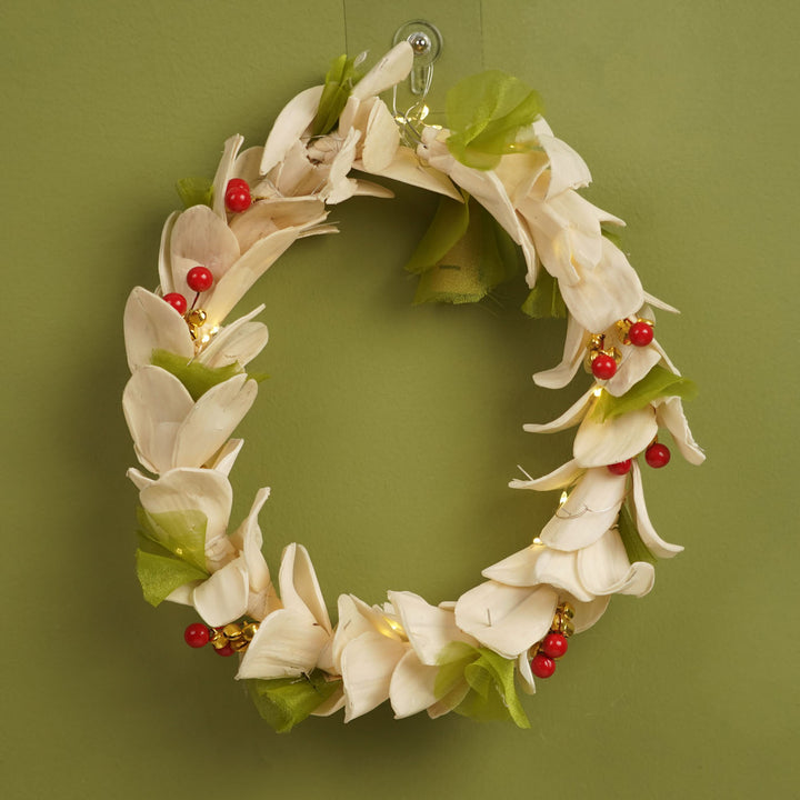 White Shola Mistletoe Christmas Wreath With Lights