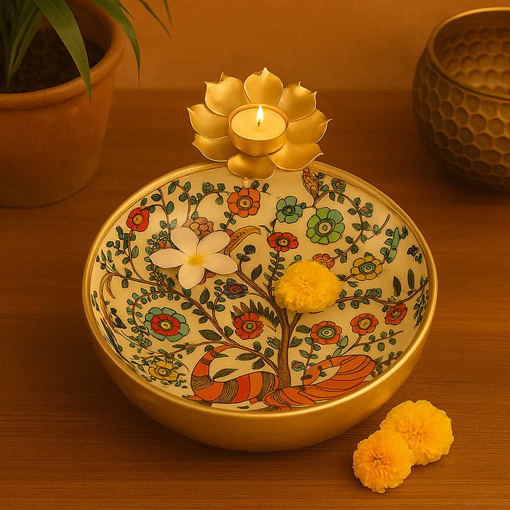 Handmade Meena Enamel Floral Urli With Flower Tealight Holder For Festive Decor