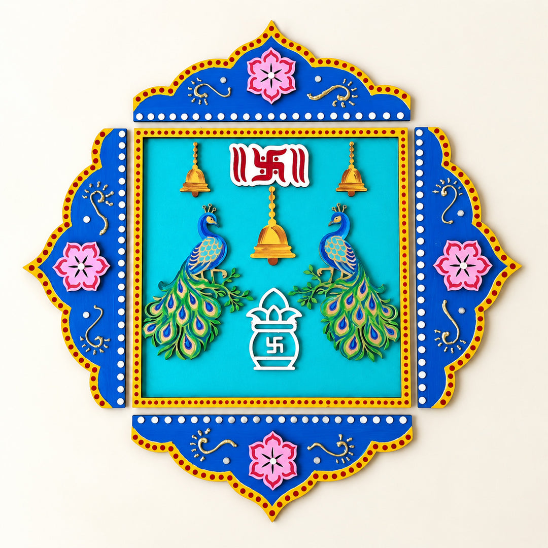 1 Pc Square & 4 Pc Border | Hand-Painted Peacock Pooja Chowki Rangoli For Festive Decor