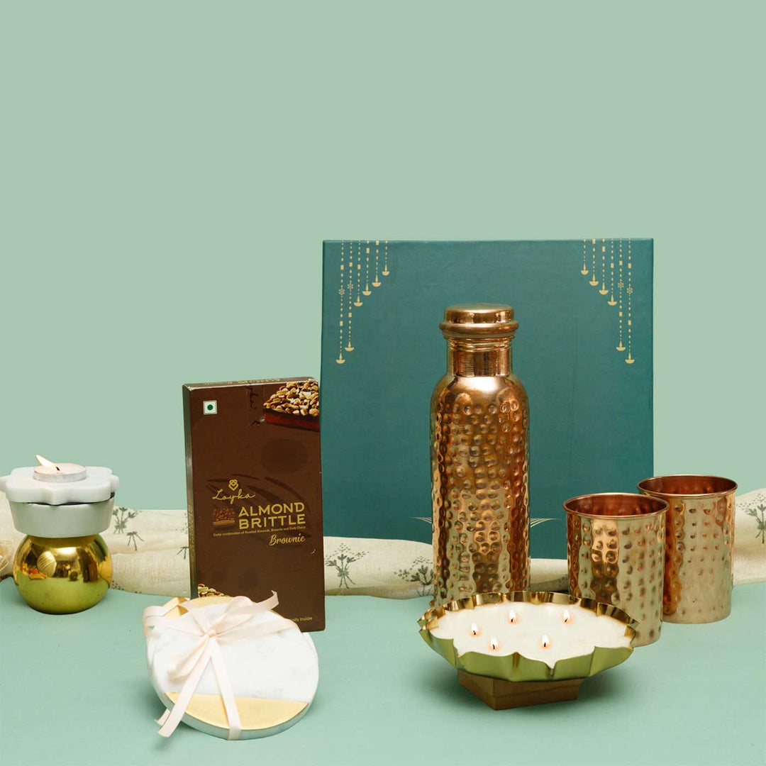 Handmade Noor Gift Hamper | Includes 1 Bottle, 2 Glasses, 1 Candle, 1 Chocolate, 2 Coaster, 1 Card And 1 Box