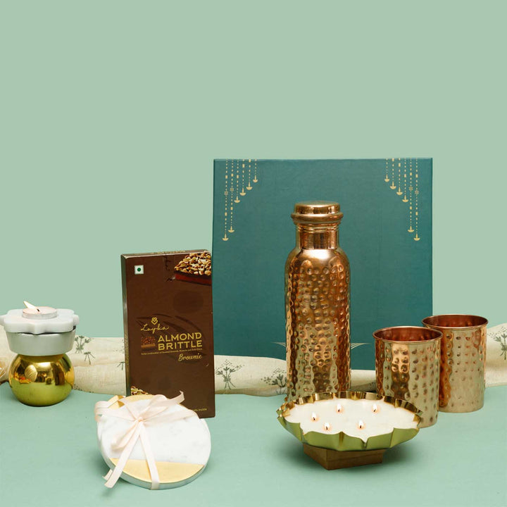 Handmade Noor Gift Hamper | Includes 1 Bottle, 2 Glasses, 1 Candle, 1 Chocolate, 2 Coaster, 1 Card And 1 Box