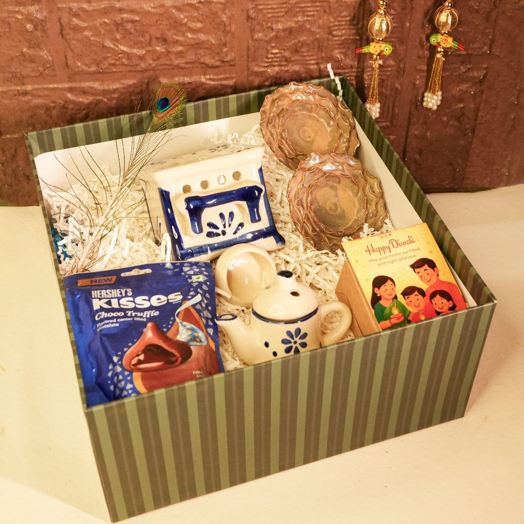 Moments & Moods Diwali Gift Hamper | Includes 1 Aroma Diffuser, 2 Hangings, 1 Chocolate, 2 Tealight Holders, 1 Diwali Card, 1 Gift Box