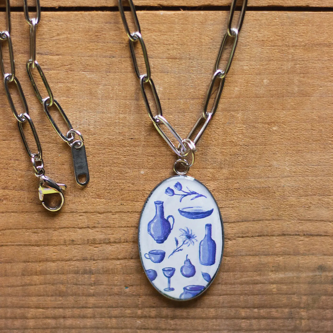 Illustrated White Ceramic Objects Inspired Resin & Stainless Steel Necklace