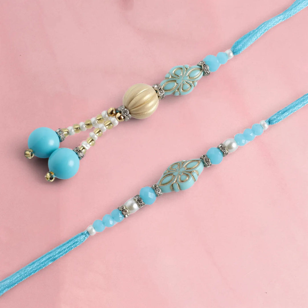 Handmade Beaded Blue Bhaiya Bhabhi Rakhi With Roli Chawal | Set Of 2