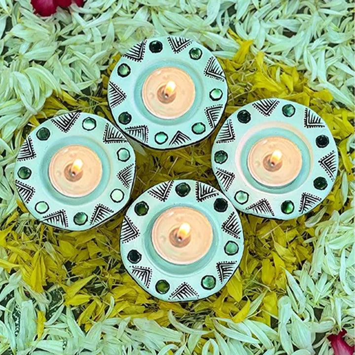 Set of 6 | White Hand-Painted Flower-Shaped Terracotta Diya Tealight Holders For Festive Decor